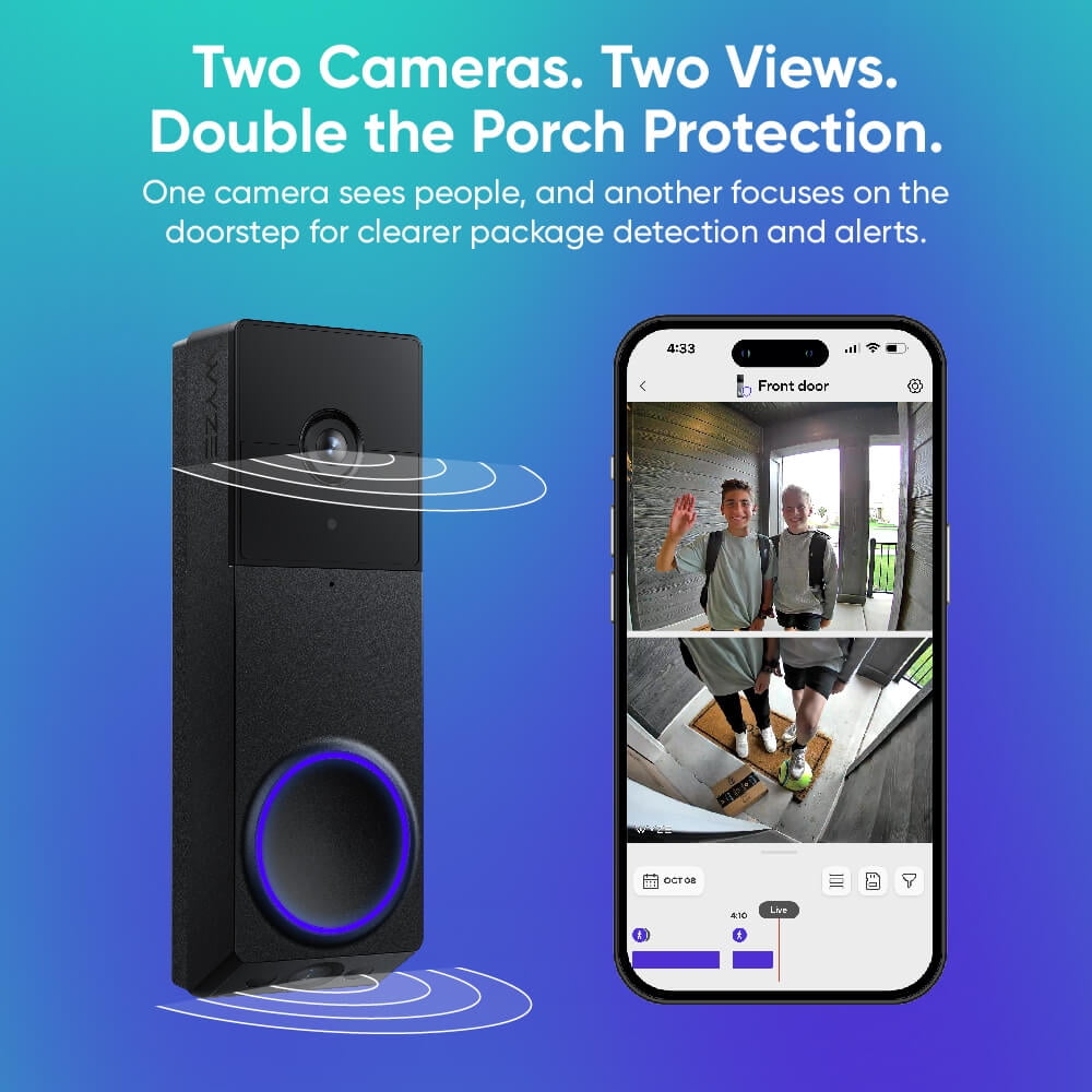 Wireless Duo Cam Video Doorbell, 2K Full HD Video, Wireless, Battery Powered, Chime Included, 2 Cameras